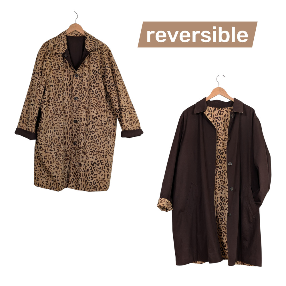 Jones New York Reversible Jacket 3X Brown Animal Print Lepoard Overcoat Trench